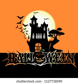 Halloween poster with dark castle. Vector illustration.