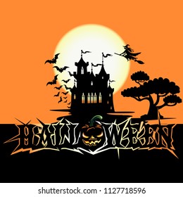 Halloween poster with dark castle. Vector illustration.