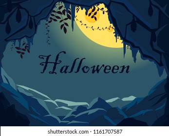 Halloween poster of dark cave with rocks, bats and full moon. Vector illustration
