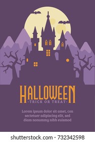 Halloween poster with dark vampire castle in the mountains. Fantasy flat illustration banner with text. Trick or treat. Dark gothic fairytale background