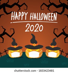 Halloween poster design 2020. Happy  Halloween day wallpaper. Halloween pumpkin wearing a mask.