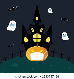 Halloween poster design 2020. Happy  Halloween day wallpaper. Halloween pumpkin wearing a mask.