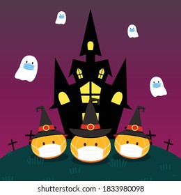 Halloween poster design 2020. Happy  Halloween day wallpaper. Halloween pumpkin wearing a mask.