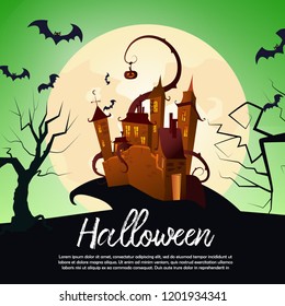 Halloween poster design with announce for party. Creative lettering with brown cartoon castle, bats, dark trees and full moon. Can be used for banners, posters.  