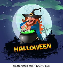 Halloween Poster Design With Cartoon Angry Witch.Creative Lettering With Cartoon Character Of Witch In Huge Hat With Poison In Kettle And Full Moon.Can Be Used For Posters,online Banners, Postcards