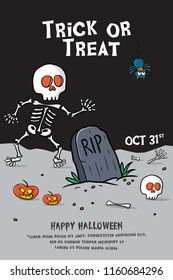 Halloween poster design with cartoon illustration, skull pumpkins and spyder vector character