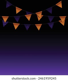 Halloween poster design with Colorful Orange and Purple Pennants at Night Against a Dark Gradient Background. Vector Illustration. 