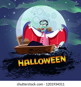 Halloween poster design with Dracula. Creative lettering with vampire in coffin on cemetery with full moon. Can be used for banners,postcards,leaflets. 