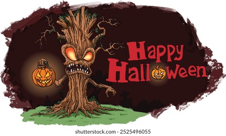 A Halloween poster design features a spooky tree with a menacing expression, glowing orange eyes, and sharp teeth, holding a jack-o'-lantern to evoke the eerie yet festive spirit of Halloween.