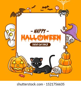 Halloween poster design flat cute style. cute ghost, witch, black cat and jack o lantern illustration - vector