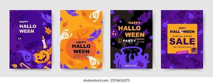 Diseño de afiches de Halloween con fantasmas divertidos, murciélagos, calabazas. Plantilla para tarjeta de saludo, portada, banner de venta, invitación de fiesta, diseño de volante, anuncio, fondo de medios sociales