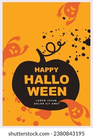 Halloween poster design with funny ghosts, cats, pumpkins. Template for greeting card, cover, sale banner, party invitation, flyer design, advertisement, social media background