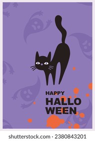 Halloween poster design with funny ghosts, cats, pumpkins. Template for greeting card, cover, sale banner, party invitation, flyer design, advertisement, social media background