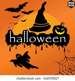 Halloween Poster Design With Ghost Pumpkin, Bats, Spider And Witch Hat On Orange Background Pattern. Vector illustration