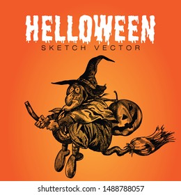 Halloween poster design. Hand Drawn Sketch Vector illustration.