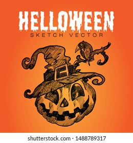 Halloween poster design. Hand Drawn Sketch Vector illustration.