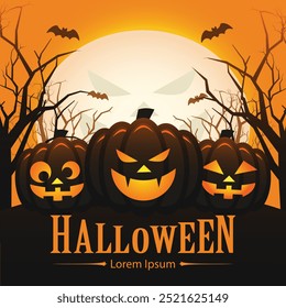 Halloween poster design illustration vector with tree jack o lantern pumpkin in variety expression of smiling angry happy in scary forest with bat and shining moon in the background