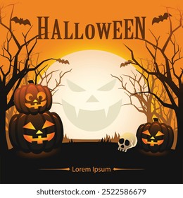 Halloween poster design illustration vector with tree jack o lantern pumpkin in variety expression of smiling angry happy in scary forest with bat and shining moon in the background