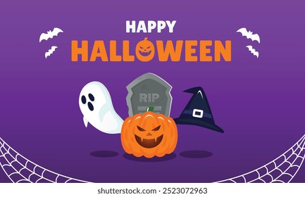 Vetor de ilustração de design de cartaz de Halloween com jack o lanterna abóbora fantasma alma cemitério lápide e chapéu de bruxa em expressão de variedade no fundo