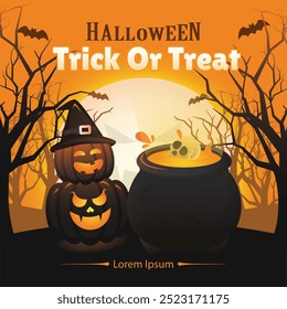 Halloween poster design illustration vector with two jack o lantern pumpkin in variety expression of smiling happy in forest making a potion inside skull with bat and shining moon in the background