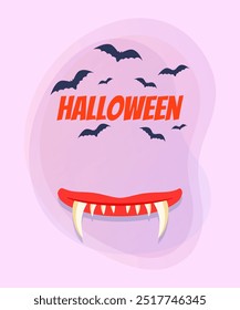 Halloween poster design with monster month. Flying bats on abstract background. Celebration, party, holiday concept. Vector illustration for invitation, postcard or banner