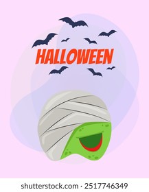 Diseño de cartel de Halloween con máscara de momia y murciélagos voladores sobre fondo abstracto. Celebración, fiesta, concepto de vacaciones. Ilustración vectorial para invitación o Anuncio