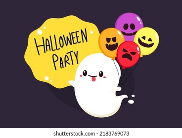 Halloween poster design. Halloween party with cute ghost and fancy balloons. Trick or treat with holidays cartoon character.