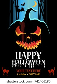 Halloween poster design with Pumpkin, Cat, Bat, Hand drawn Halloween Text
