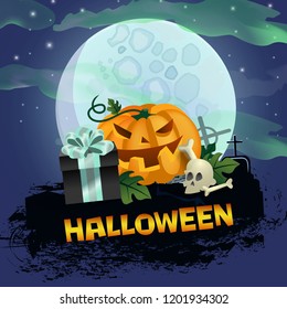 Halloween poster design with scary attributes. Creative lettering with bones, skull, orange big pumpkin, present on cemetery with full moon. Can be used for postcards,banners,leaflets.