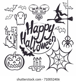 Halloween poster design set with vector elements. Ghost, Witch, Bat, Pumpkin, Skull, Web, Spider, Castle. Vector Hand-drawn Lettering.