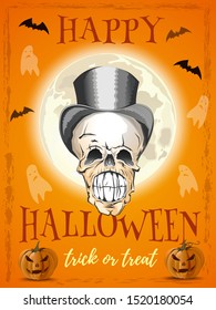 Halloween poster design. Smiling skull on a background of the full moon. Cheerful skull in a hat. Trick or treat. Vector illustration