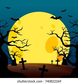 Halloween poster design with spooky forest on moon background-Vector Illustration