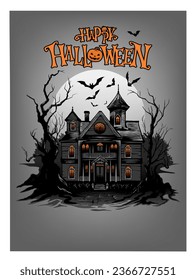 Halloween Poster Design template with Hounted House illustration.