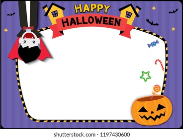 Halloween poster design with vampire and pumpkin candy jar for trick or treat party