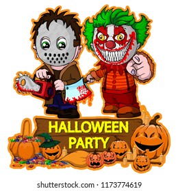 Halloween poster design with vector killer with mask and evil clown characters