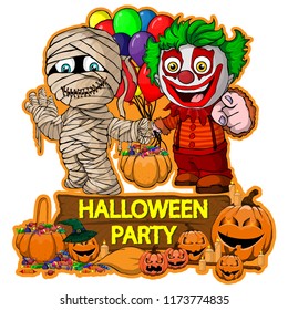 Halloween poster design with vector mummy and clown characters