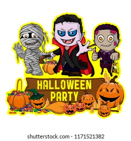 Halloween poster design with vector vampire, zombie, mummy character