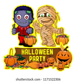 Halloween poster design with vector zombie and mummy character