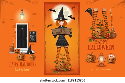 Halloween poster design with young cute witch and jack o lantern. Vector illustration