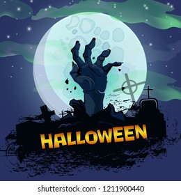 Halloween poster design with zombie hand. Creative lettering with zombie hand, cemetery, grave, and white moon. Can be used for postcards, online banners, posters.  