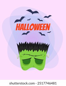 Halloween poster design with zombie mask and flying bats on abstract background. Celebration, party, holiday concept. Vector illustration for invitation, postcard or banner