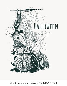 Halloween poster drawn in black ink. Bat, spider web, pumpkins, spider, ink blots. Grunge style.