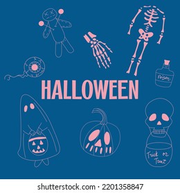 Halloween poster with elements in doodle style drawn by hand. Print on the theme of Halloween.