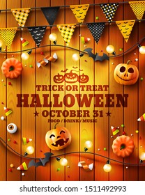 Halloween poster with Halloween Elements on wood texture background.Party Invitation Concept in Traditional Colors.Website spooky,Background or banner Halloween template.Vector illustration EPS10