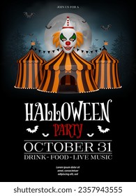 halloween poster with evil clown and circus with orange and black stripes