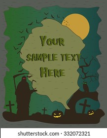 Halloween poster with evil reaper on graveyard. Vector