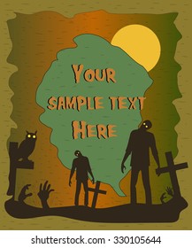 Halloween poster with evil walking dead on graveyard. Vector