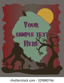 Halloween poster with evil werewolf on graveyard. Vector