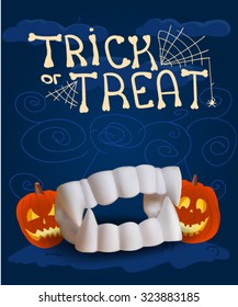 Halloween poster with fake vampire teeth, vector illustration