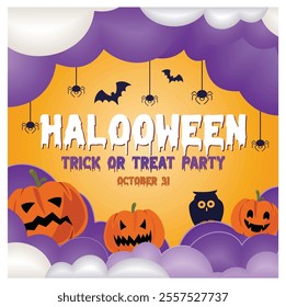 Halloween poster featuring pumpkins, bats, and clouds against an orange background. Ideal for festive party invitations. Flat vector modern illustration 